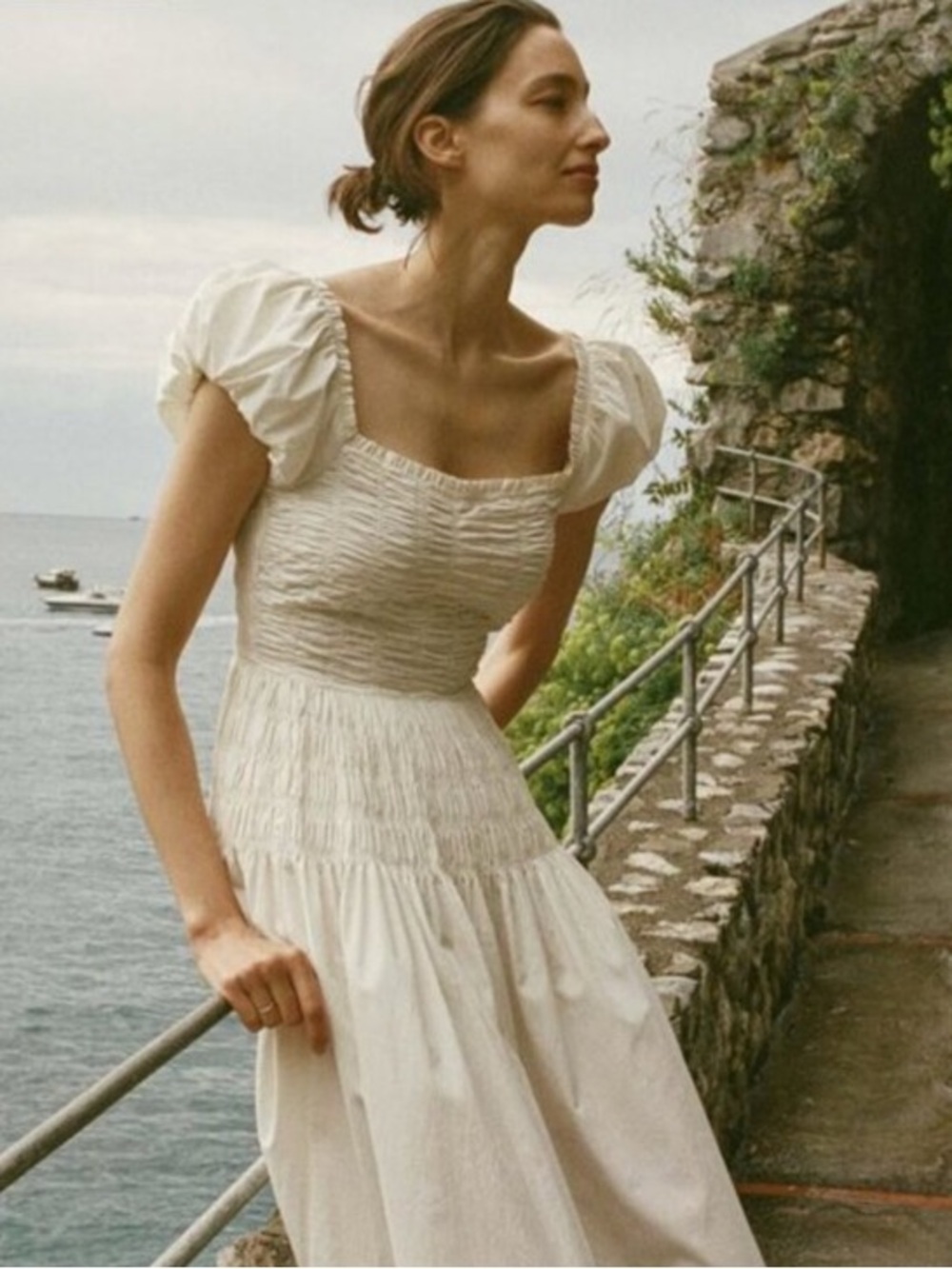 Dôen Katherina Smocked Ruched Short Puff Sleeve Midi Dress in Salt - Size Small - Picture 2 of 11
